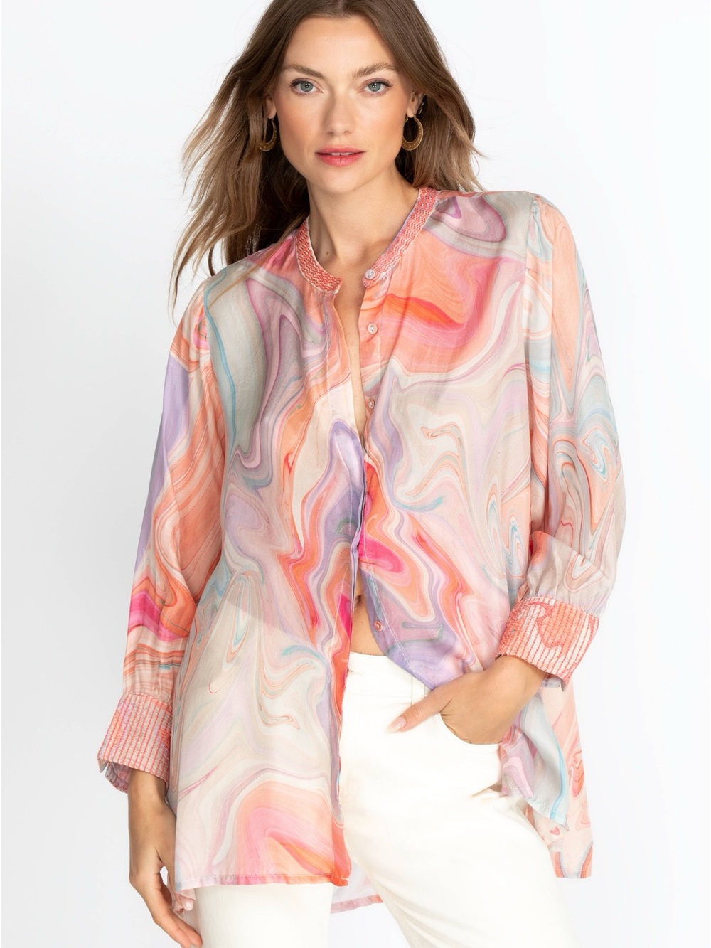 Johnny Was Plus Laguna Vesper Voyager Tunic Marble Swirl 100% Silk Blouse XXL